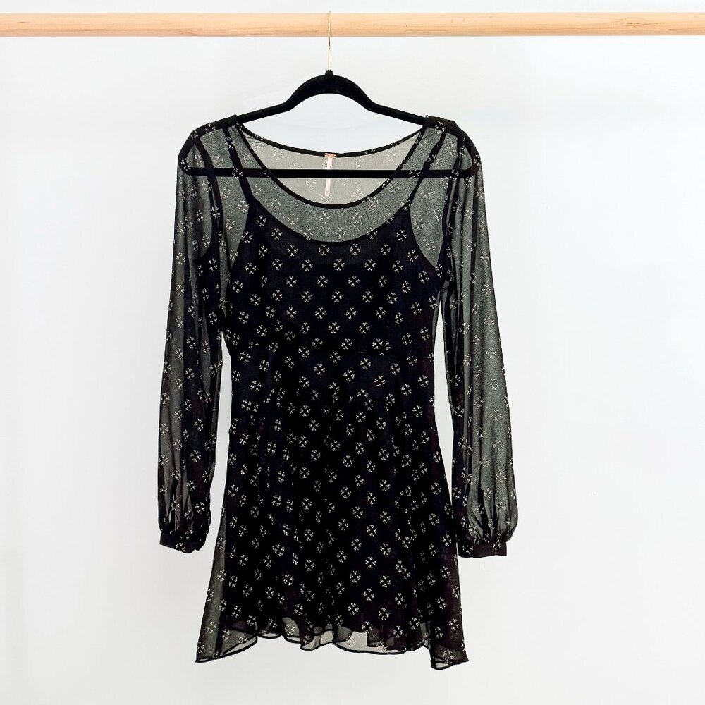 Free People Baby Dee Black Sheer Chiffon Long Sleeve Dress with Liner XS